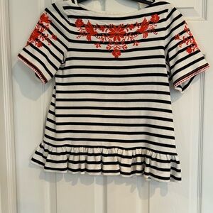 Kate Spade Black and White Striped Tee with Red Floral Embroidery